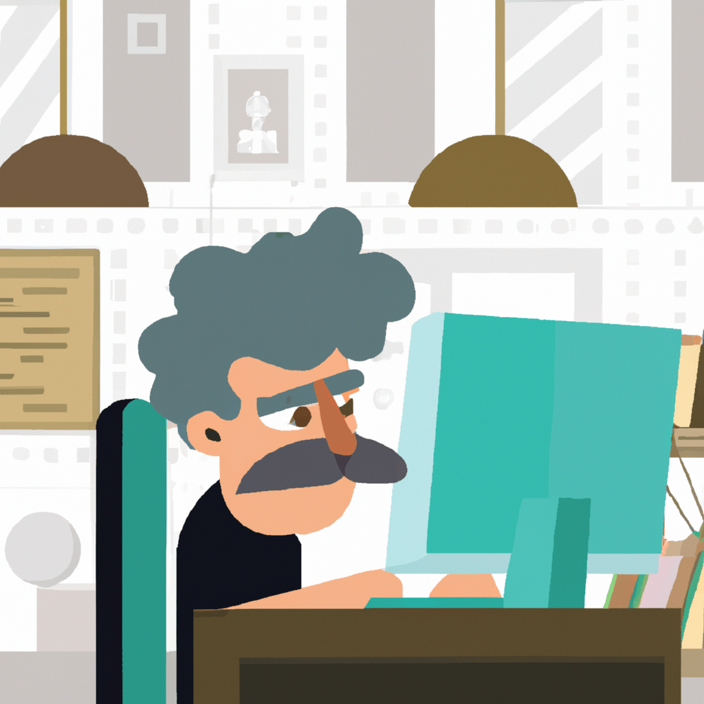 Man with curly graying hair and a mustache working very hard at a computer, office in the background, modern illustration
