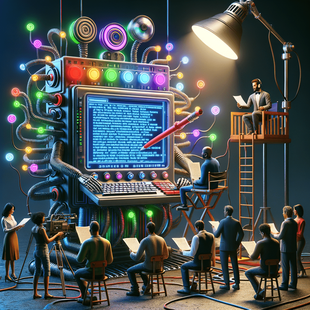 Computer writing a film script while another computer directs the film crew making the movie.