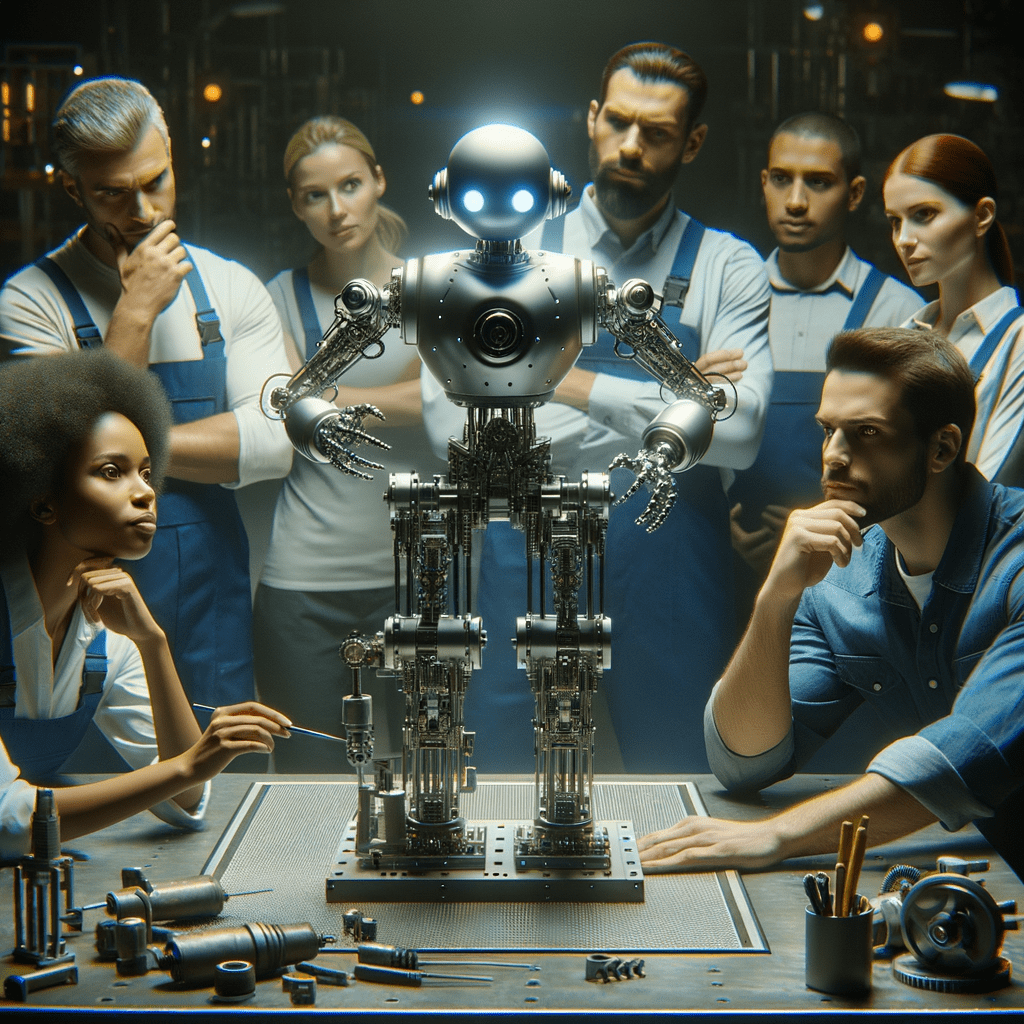 Robot analyzes a physical process and writes down how to automate it. Many other human workers watching