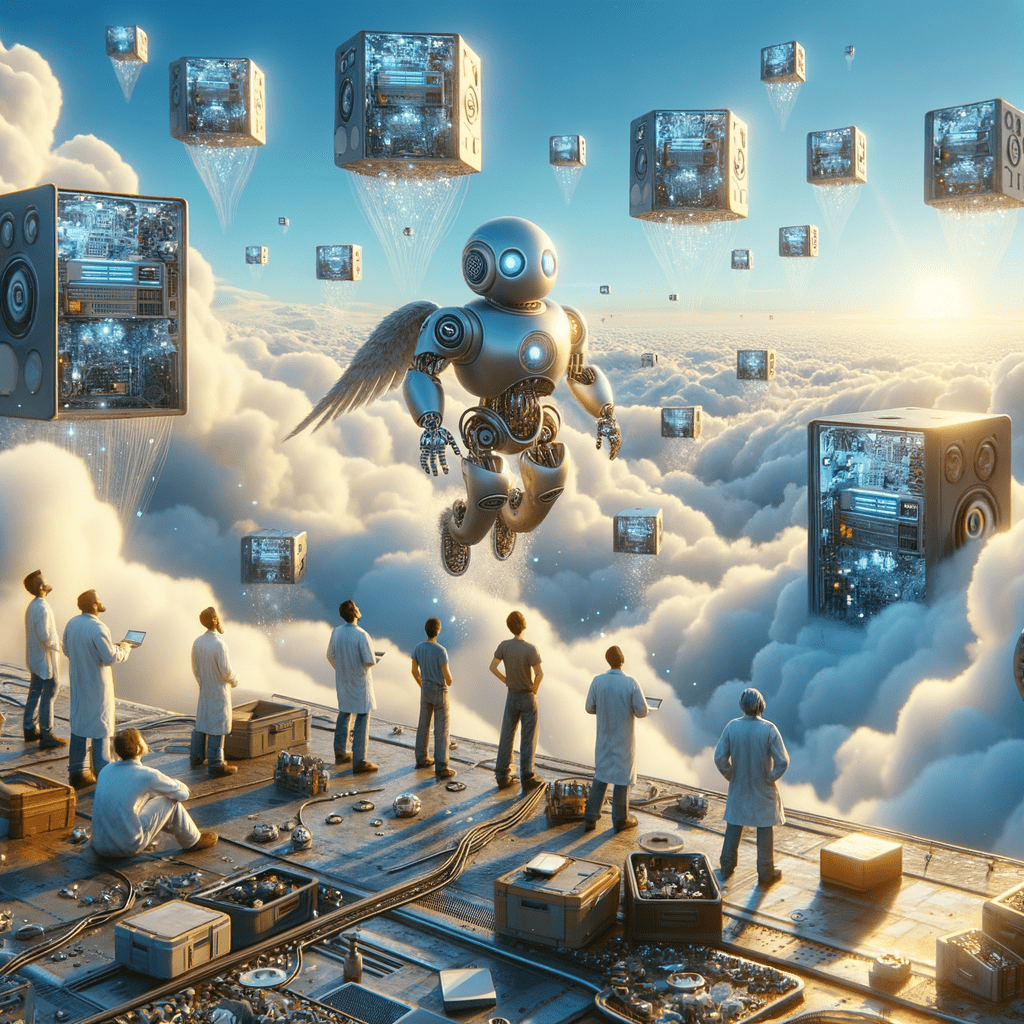 Robots floating in the clouds with computers. Texchnicians looking up from below.