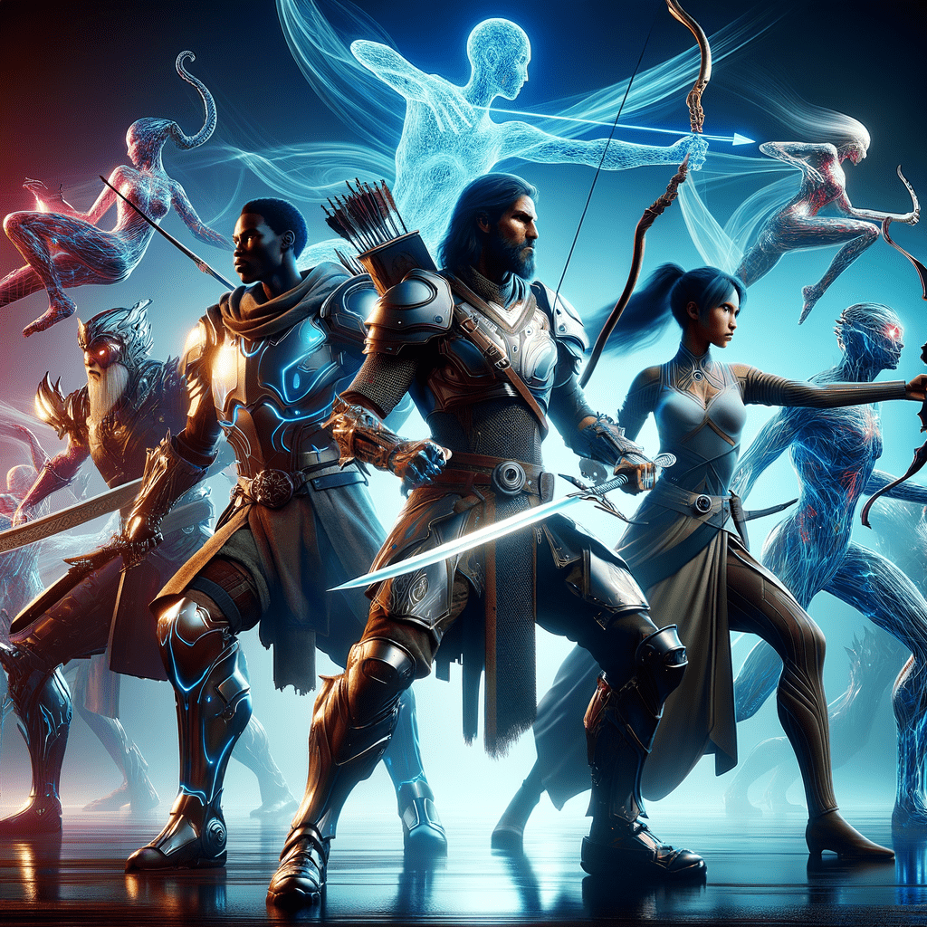 high resolution picture of modern warriors in armor battling digital creatures with blue and red glow in the background.