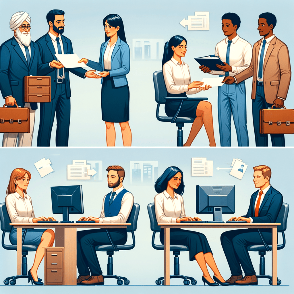 separate images of office workers sharing files and office workers not sharing files.