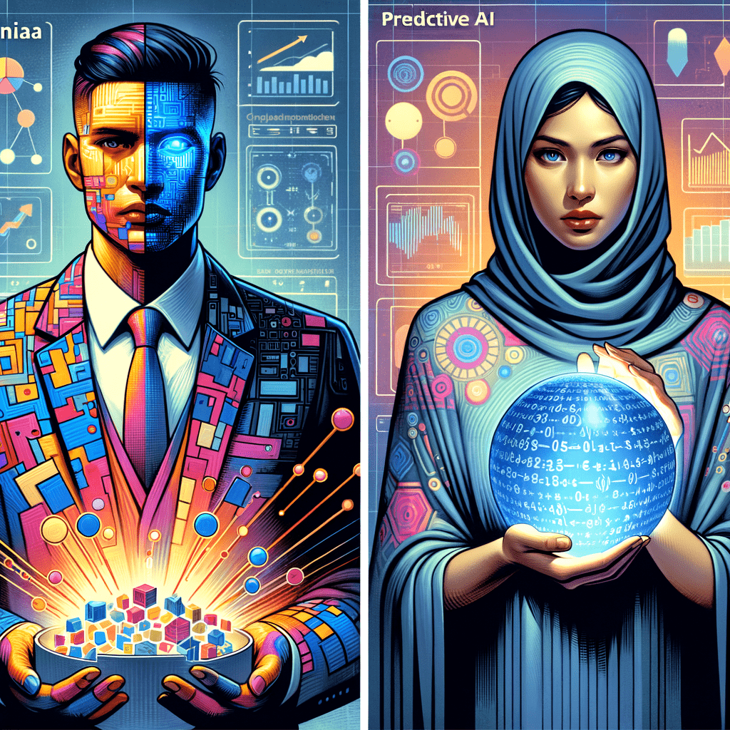 Generate colorful, human representations of Generative AI and Predictive AI highlighting the difference between the two.