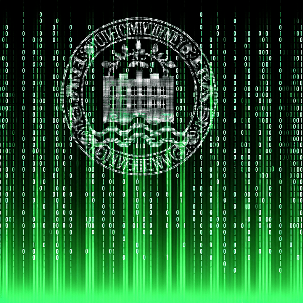Falling green gradients of ones and zeros on a semiglossy black background. A muniipal government seal isin the foreground.