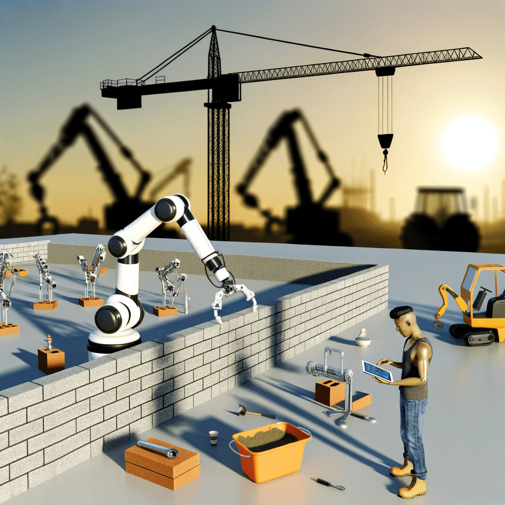 Image of contruction site, a crane is in the distant background. A robotic arm is laying bricks on a wall in the foreground while a construction worker types on a tablet. THere is other equipment in the image, portable cement mixer, whell barrow, and some hand tools.