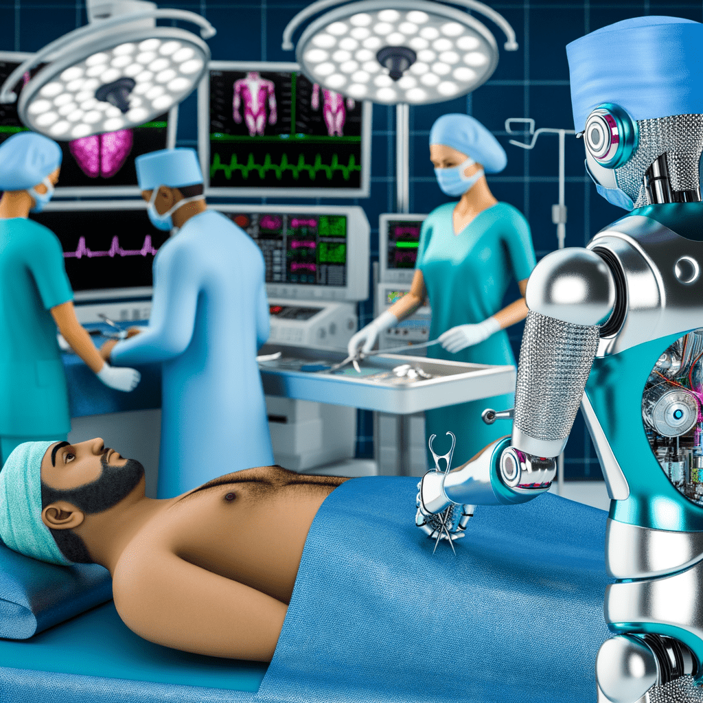 photographic image of robot in medical scrubs performing surgery on a humna patient in an elaborate operating theater. Several nurses and technicians are presnet , monitoring the situation.